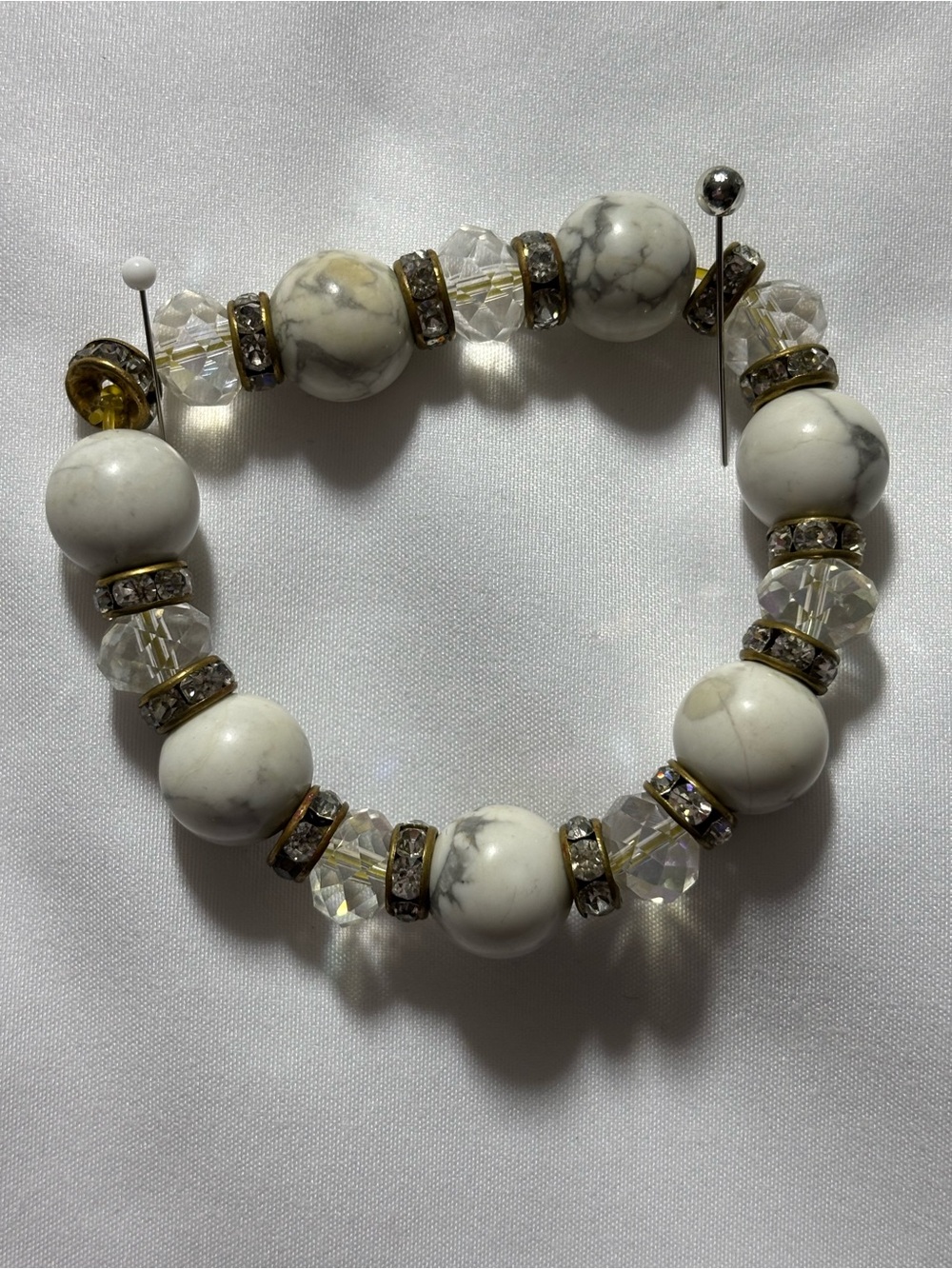 White Howlite Bead Stretch Bracelet with Crystal Accents 8”